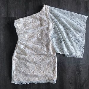 Adrianna Papell White Nude One shoulder lace Mini Dress (S)